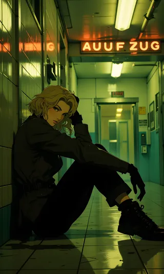 A woman with blonde hair and dark clothing sits on the floor of a tiled corridor under greenish-yellow fluorescent lighting, leaning against the wall near an elevator door labeled AUFZUG.