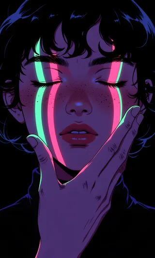 Close-up anime-inspired portrait of a person with dark hair and freckles, eyes closed, neon streaks of pink and green flowing from eyes over face and hand on black background.