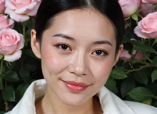 Close-up of a stunning Asian model with flawless skin and a slight smile, surrounded by pink roses in a rose garden.