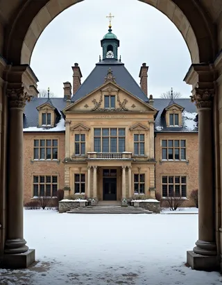 Snow-covered courtyard leading to a symmetrical Gilded Age mansion with stone columns, classical architectural details, and a cloudy sky backdrop.