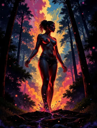 Nude woman standing in a dark forest illuminated by a vibrant cosmic explosion of colorful light and paint splatters, blending surrealism and expressionism.