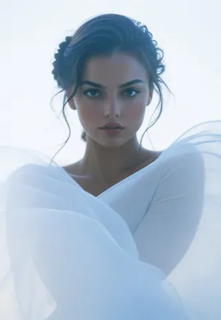 Close-up facial portrait of a young woman with an elegant hairstyle, sun tanned skin, and a stoic expression, wrapped in a sheer white garment against a bright background.