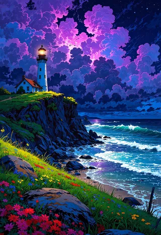 Faro situato su una scogliera con fiori colorati ed erba rigogliosa, illuminato dai fulmini sotto nuvole temporalesche viola scuro sopra onde oceaniche ruggenti.
