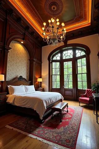 Classical bedroom featuring mahogany wood furniture including a bed and nightstands, a red Persian rug on a wood floor, a crystal chandelier, arched windows overlooking a forest, and warm ambient lighting.