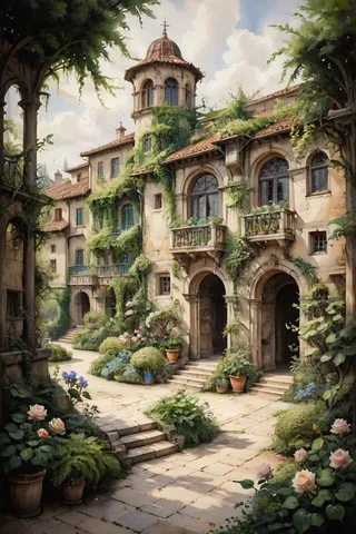 A lush garden walkway surrounded by historic Baroque-style architecture featuring climbing roses, hydrangeas, and other blooming plants in pots and beds.