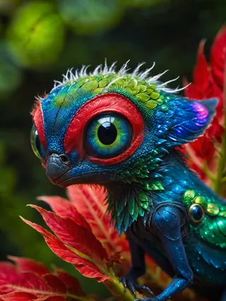 Macro shot of an extraterrestrial creature with iridescent blue and green feathers, large expressive eyes, and glowing bioluminescent highlights, perched on a red alien plant.