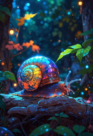Tiny alien snail with a prismatic crystal shell reflecting dazzling colors, glowing antennae tips, and a semi-transparent body on a log in a glowing alien garden with bokeh lights.