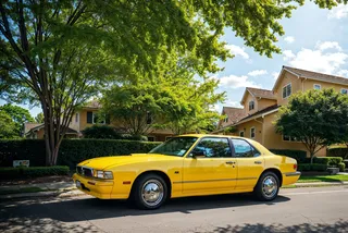 Wide-angle photo of a yellow taxi parked on a suburban street lined with lush green trees and residential houses under bright sunlight.