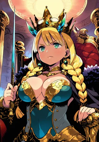 Blonde woman with twin braids wearing an ornate armored dress and golden crown with blue oni horns, seated on a throne in a grand throne room, holding a scepter.