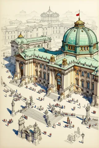 A vintage architectural sketch in an isometric perspective featuring the Winter Palace in St. Petersburg, showcasing detailed Baroque design with partial color highlighting the green and gold dome and flag.