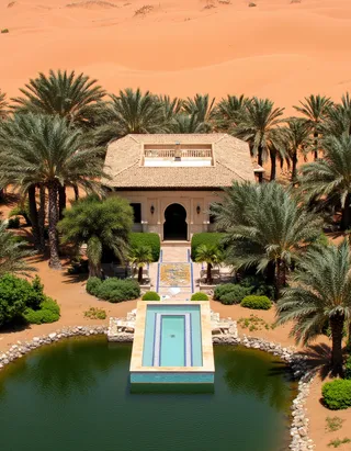 Aerial view of a Moroccan-style villa surrounded by palm trees and lush plants beside an oasis in the Saharan desert, with sand dunes in the background.