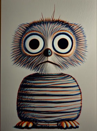 A creepy Furby-like furry toy with exaggerated wide eyes and a striped rounded body, digitally rendered with LoRA model enhancements.