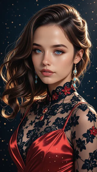 Hyper-realistic portrait of a woman with curly brown hair and blue eyes wearing a red satin and black lace dress, highlighted by cinematic lighting.