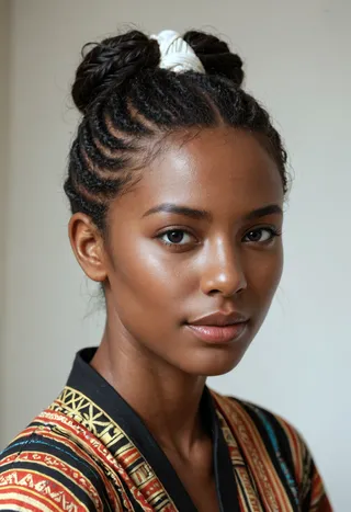 Portrait of a Kenyan woman with braided black hair styled into buns with an African head wrap, wearing colorful African clothes, featuring detailed face and black eyes.