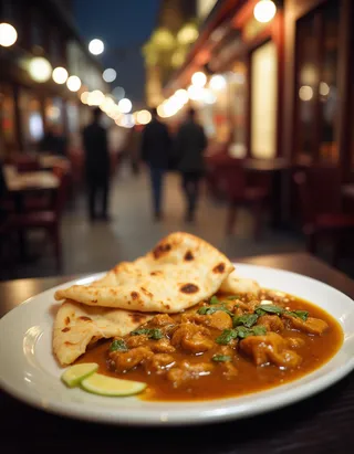 Plate of curry garnished with herbs and naan bread with lime slices, set in an Indian restaurant with blurred busy street background at night.