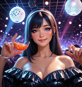 A smiling woman with dark blue eyes and an off-shoulder dress holding a cocktail in a crowded club with disco balls and colorful lights