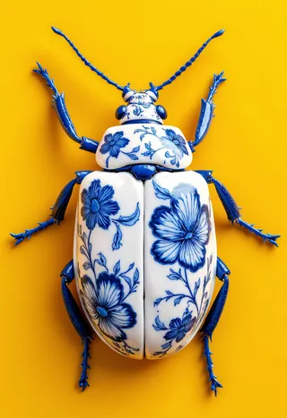 A beetle intricately decorated with blue floral patterns resembling Chinese porcelain, set against a vibrant yellow background.