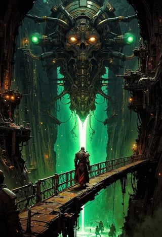 A Tech-Priest Magos in cybernetic robes walks cautiously on a massive cable bridge inside a deep Necron secret facility glowing with eerie green light and guarded by Necron warriors.