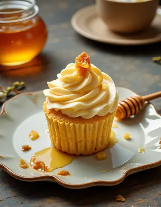 A golden honey cupcake topped with smooth buttercream frosting and a honeycomb piece, served on a delicate ceramic plate with honey drizzle, on a rustic wooden table with a honey dipper and jar of honey in the background.