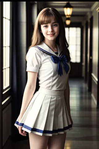 A young woman wearing a white school uniform with a sailor collar, blue bowtie, and pleated skirt standing in a dimly lit hallway with cinematic lighting.