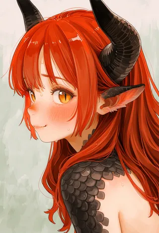 Profile portrait of a shy dragon girl with long red hair, large black horns, and black scales on her shoulder, looking nervously with amber slit pupils and flushed cheeks.