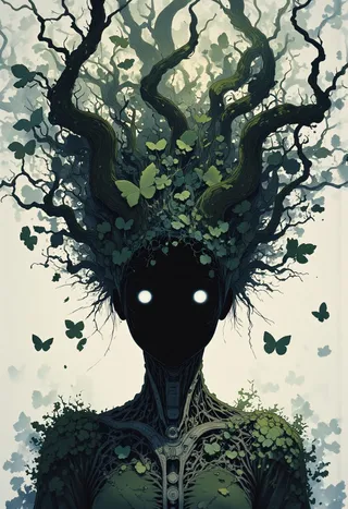 Portrait of a dark cyborg female robotic entity with a hollow black head and glowing white eyes, featuring long billowing hair made of twisted tree branches and green leaves, surrounded by flying leaves and a moody, eerie atmosphere.