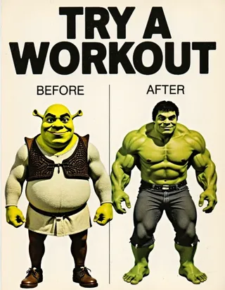 Vintage workout advertisement showing a before and after transformation, featuring Shrek in the before image and Hulk in the after image with bold 'TRY A WORKOUT' text.