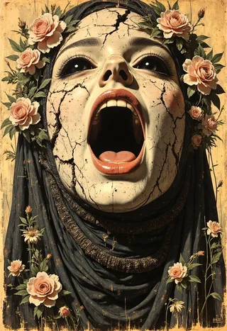 A hyper-realistic, cracked Victorian-era porcelain doll with open mouth and black void-like eyes, surrounded by pink roses and dark cloth.
