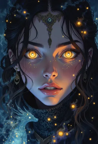 Portrait of a sorceress with glowing golden eyes, dark hair, an ornate forehead piece, and a ghostly dragon made of arcane energy on her shoulder, surrounded by mystical lighting and floating embers.