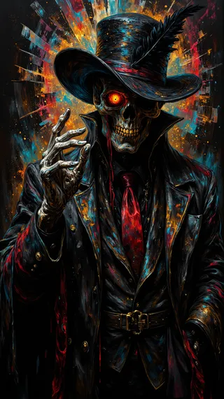 A dark fantasy oil painting illustration of a skeleton dressed in a black business suit with a red tie and a black hat adorned with a hawk feather, glowing eye staring intensely, set against a shattered glass and fiery background.