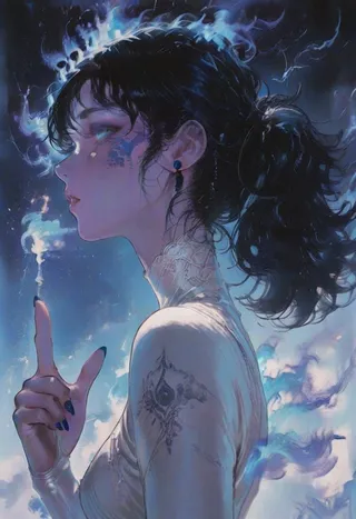 Profile portrait of a female with black hair in a ponytail, blue fire surrounding her, detailed tattoos on shoulder and face, wearing a white dress and gloves.