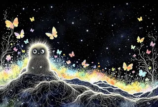 A cute furry creature with large eyes sits amidst dark chromatic colors, surrounded by colorful butterflies and rainbow hues in a magical starry fairytale landscape.