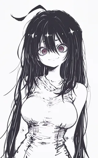 Monochrome sketch of an anime girl with long black hair, big ringed eyes, a sleeveless dress, bare shoulders, and an ahoge, smiling with arms behind her back.
