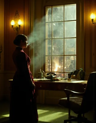 A dieselpunk industrialist woman smoking in her elegant early 20th-century office, looking out a large reinforced glass window at a fiery, chaotic factory floor.