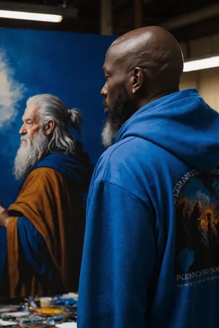 Rear view of a black man with a bald head wearing a Klein blue hoodie featuring a Gandalf painting by Jim Burns and Kelly Freas, standing near a painting of an old wizard.