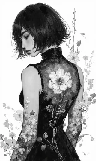 Digital ink wash artwork of a woman with short bob hair, facing partially away with one eye visible, wearing a black ink wash textured dress with white outlined floral designs on her back and arms.