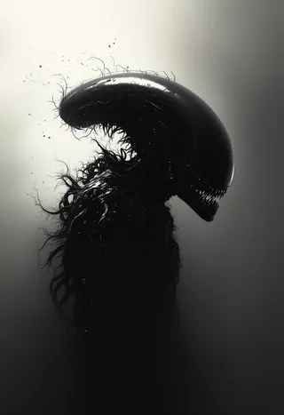 Silhouetted Xenomorph alien creature lurking in darkness with sharp teeth, detailed with ray tracing effects and minimalistic style inspired by Stephen Gammell.