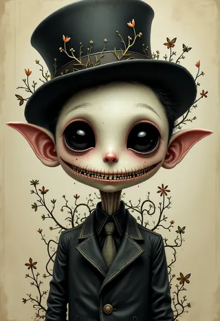 A cadaverous boy with large black-rimmed eyes, alabaster skin, rictus grin, wearing a tall black top hat adorned with delicate orange flowers and vines, dressed in a dark suit and tie, styled in an eerie, whimsical manner reminiscent of Tim Burton and Ray Caesar.