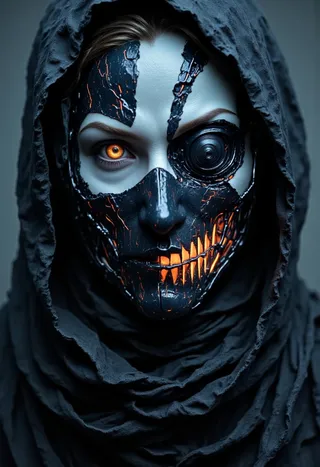 Close-up of a cyborg ninja with a metallic mask and one glowing orange eye, wearing a textured dark hood covering the head and shoulders.