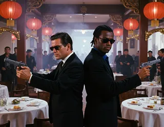 Two secret agents back-to-back with pistols in a bustling Chinese restaurant, surrounded by gang members and traditional red lanterns.