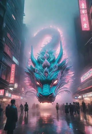 A colossal, mystical Chinese eastern dragon with glowing eyes weaves through a foggy urban street at night, surrounded by people and neon-lit buildings.