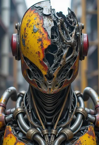Close-up of a biomechanical cyborg male with a rusted, broken yellow and red helmet revealing corroded internal structure, set against an industrial, post-apocalyptic background.