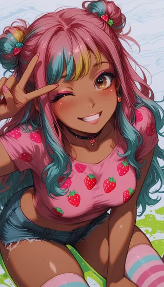 A vibrant anime-style portrait of a dark-skinned female character with pink and teal hair styled in double buns, wearing a strawberry print crop top and denim shorts, winking and flashing a peace sign.