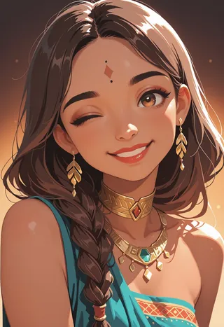 Digital painting of an Indian woman with tan skin and braided brown hair winking, wearing gold jewelry and a vibrant sari, set against a warm blurred background.