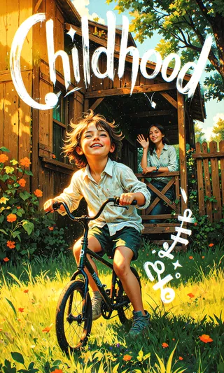 Child joyfully riding a small bicycle through sunlit grass near a wooden countryside house with a woman waving from the porch and bold 'Childhood' calligraphy overhead.