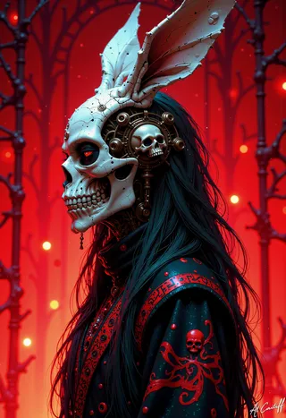 Profile portrait of a person with a white skull mask featuring rabbit ears and mechanical skull details, wearing a black and red patterned outfit against a vivid red background.