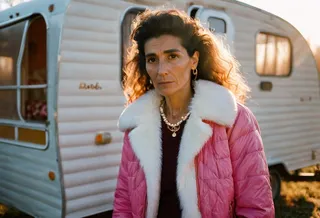 Analog photograph of a 50-year-old gypsy woman with pompadour hair wearing a pink tweed jacket with white fur collar standing in front of a camping trailer at sunrise with warm Kodak gold colors.