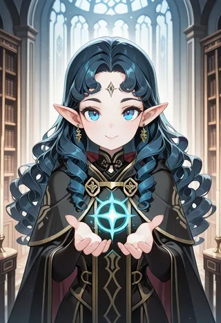 Portrait of a female elf with blue eyes and long curly black hair, wearing a black cloak with gold trimming, casting a glowing magic spell in an arcane library.
