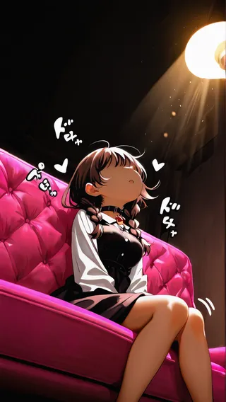Anime girl with brown twin braids wearing a pet choker and black dress sitting on a pink couch under dim lighting with sound effects and motion lines around her.