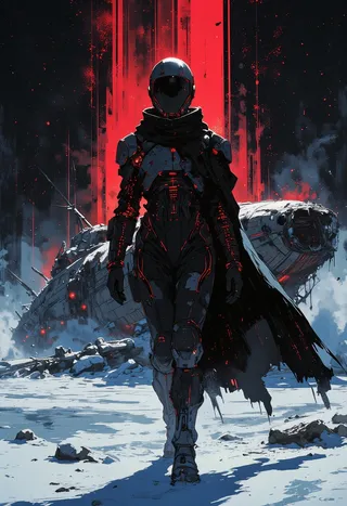 A figure in a sleek, armored futuristic spacesuit with glowing red circuitry walks through a snowy alien wasteland towards the viewer, with a wrecked starship and red glowing sky behind.